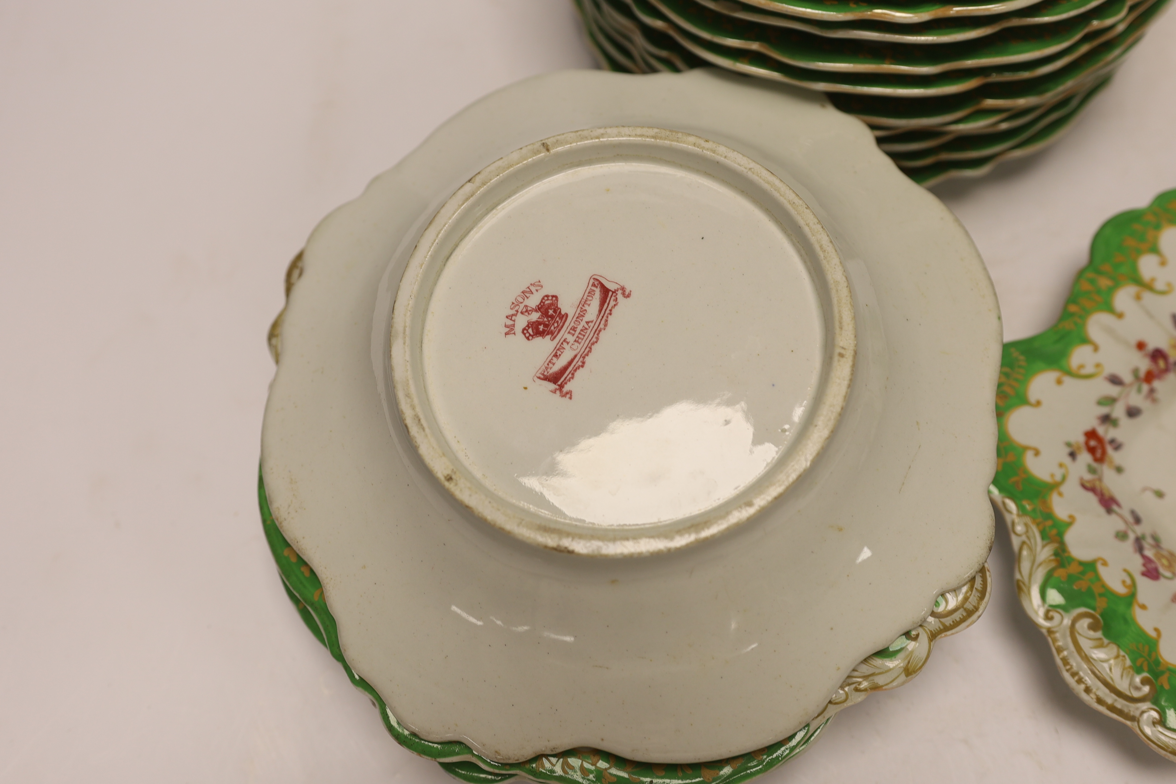 A 19th century Masons Ironstone thirteen piece dessert service. Condition - some repairs, half in poor condition